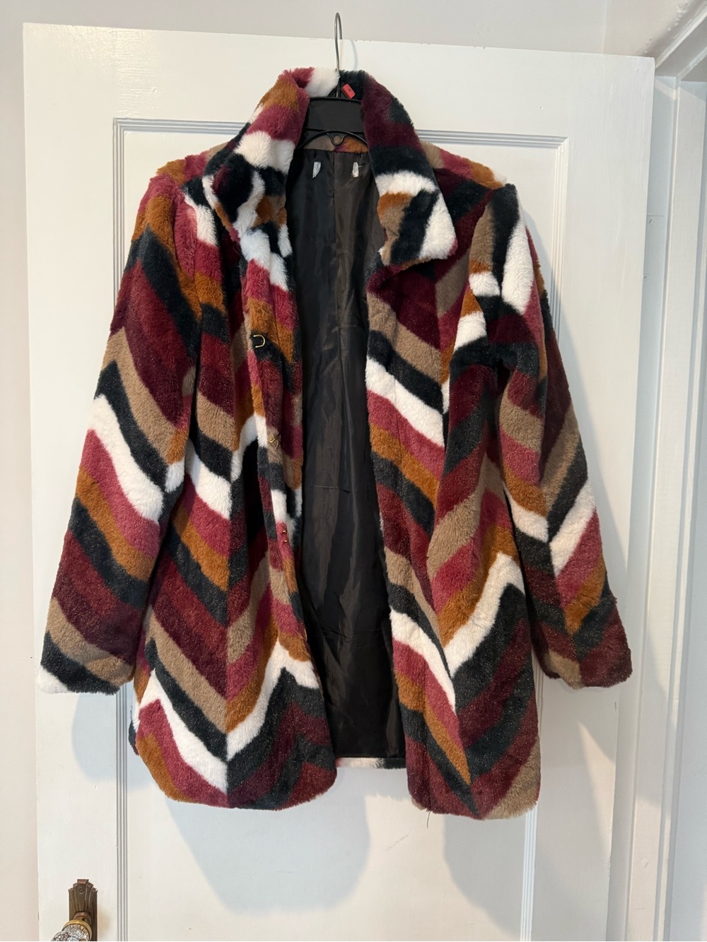 Fashion Nova Chevron-Stripe Teddy Coat in Burgundy, White & Black